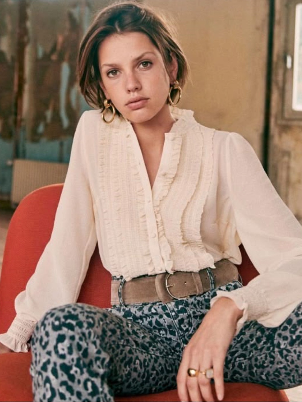 💫 SÉZANE Gasby Victoriana Ruffle Shirt Cream Ecru EU 42 US 10 L
